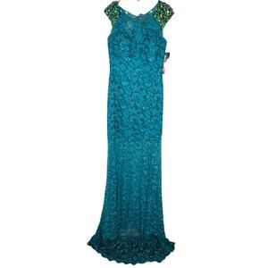 Flirt by Maggie Sottero NEW prom pageant Aqua Full Lace Beaded Mermaid Gown 10